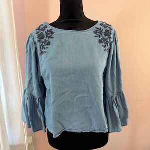 Hollister Light Blue Embroidered Bell Sleeve Top